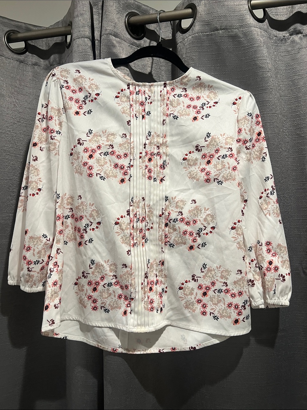 Floral Pintuck Blouse in White with Soft Pink Accents